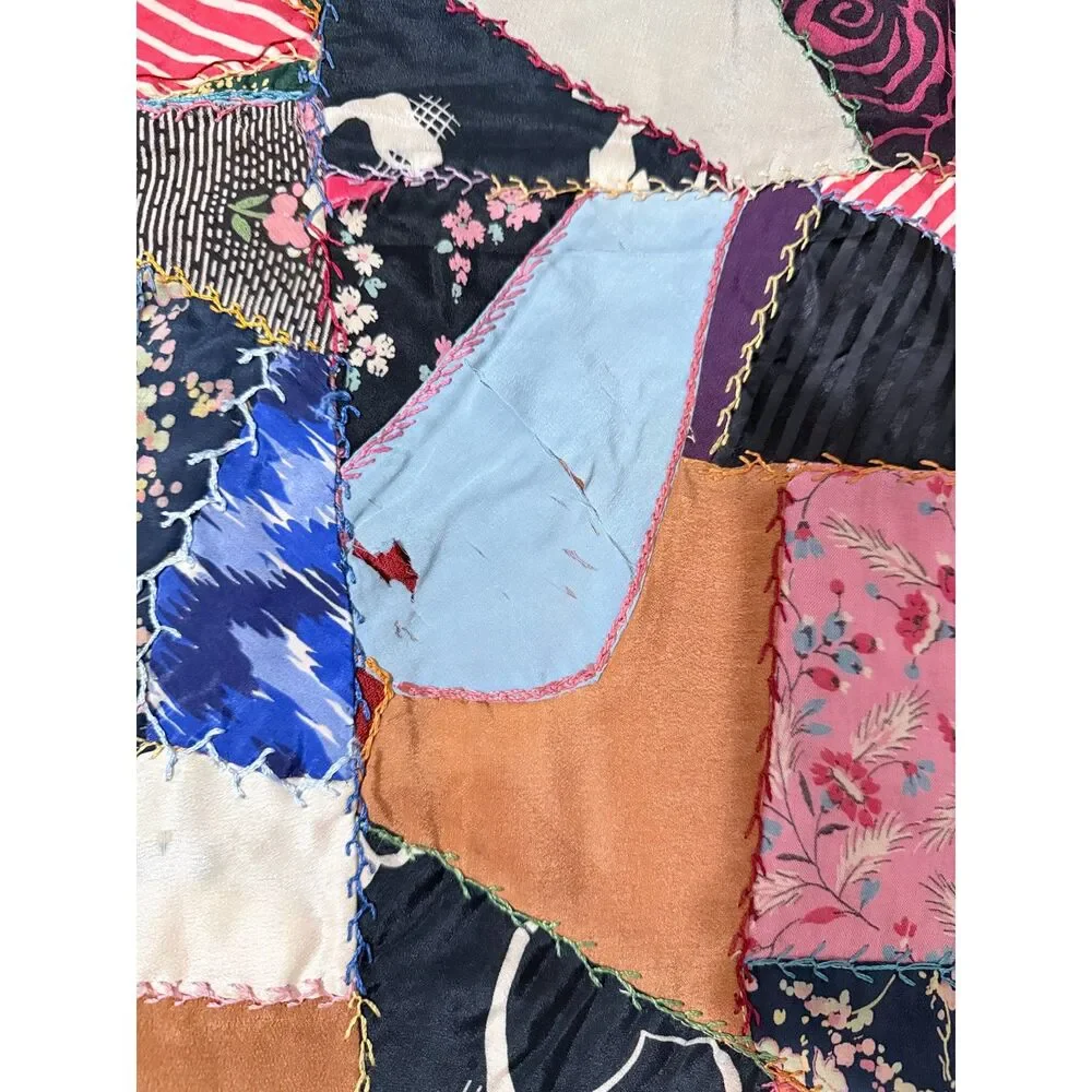 Antique Victorian Crazy Quilt Silk Satin Patchwork Hand Embroidered